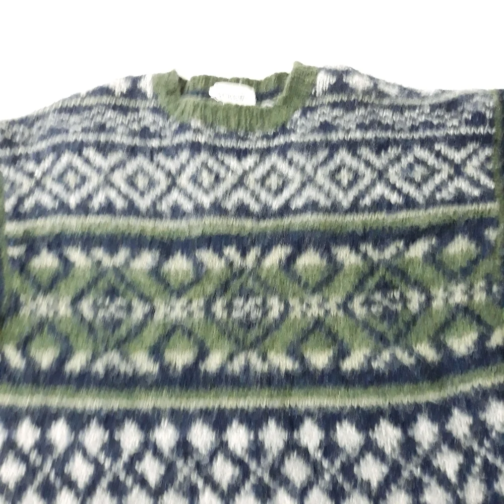 Vintage J.Crew 100% Wool Hand Knit Green and Blue Patterned Sweater Size M